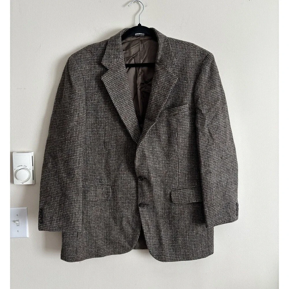 VTG Harris‎ Tweed 44 Jacket Blazer Handwoven Mens Brown Blue Pure Scottish Wool
